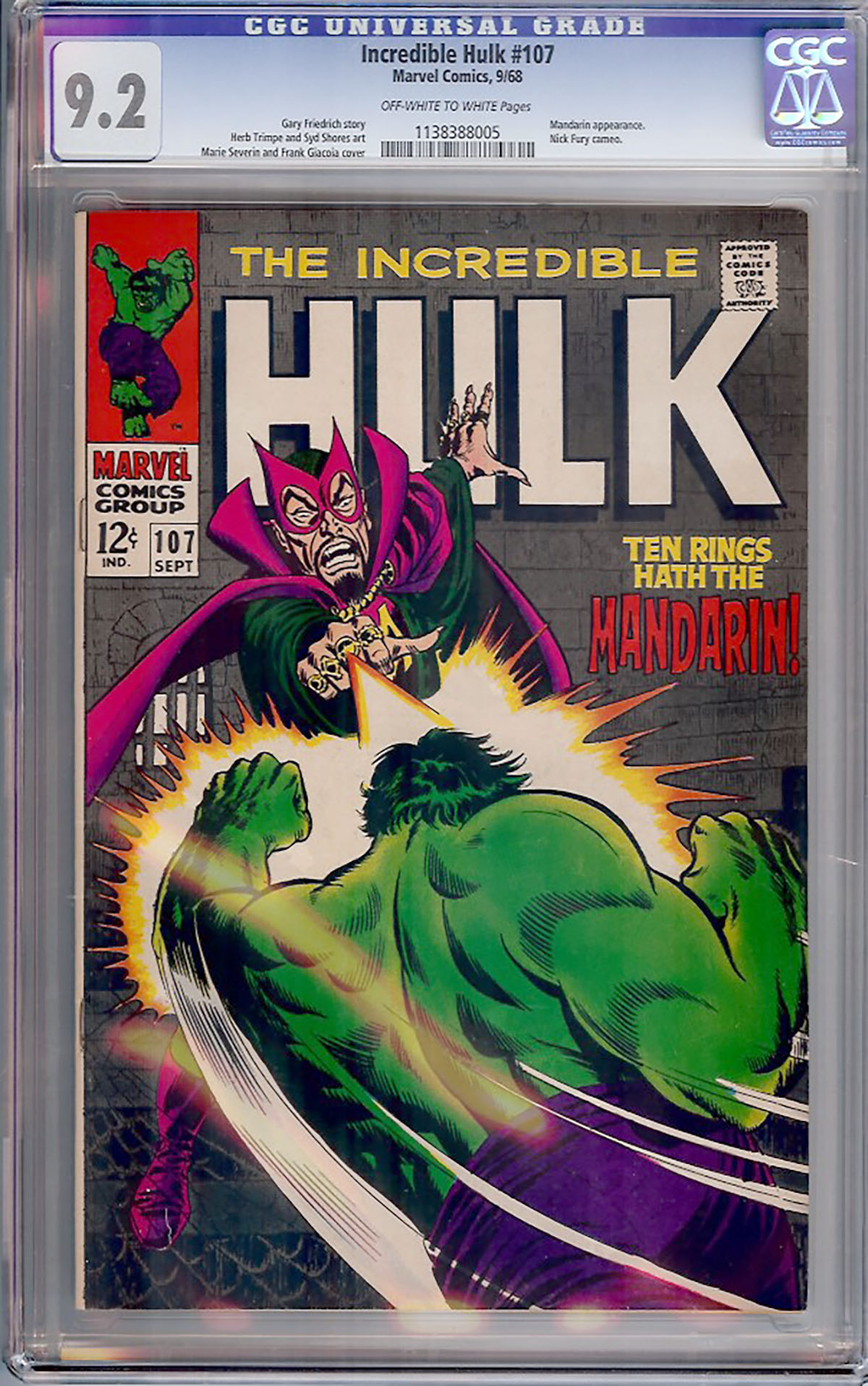Incredible Hulk #107 CGC 9.2 ow/w