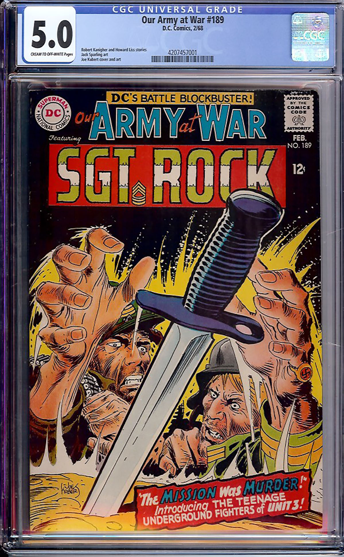Our Army at War #189 CGC 5.0 cr/ow