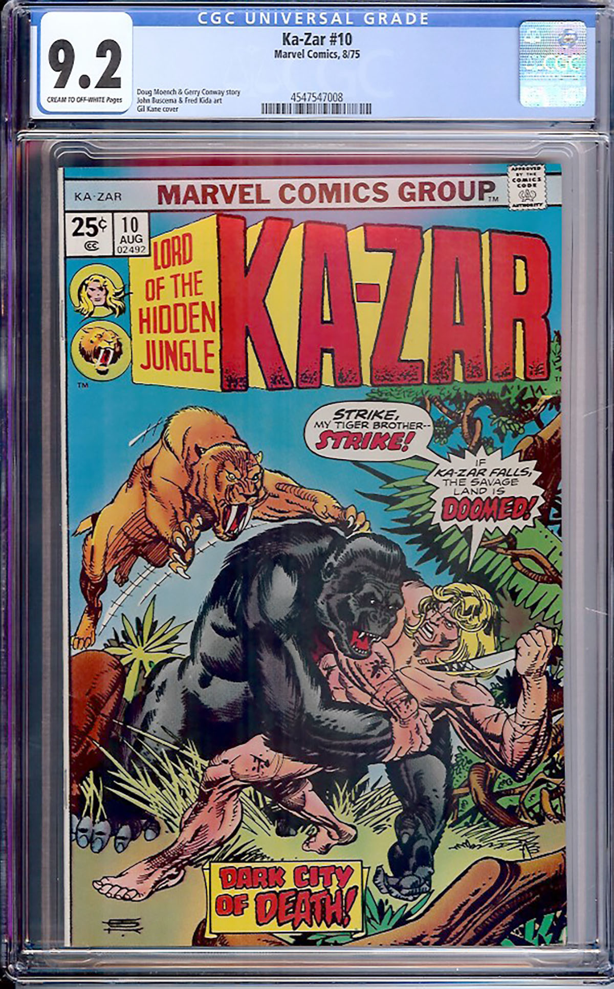 Ka-Zar #10 CGC 9.2 cr/ow