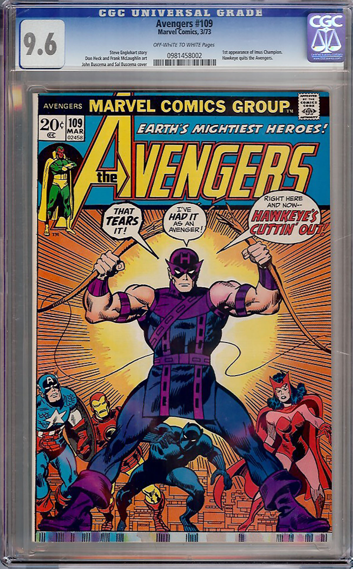 Avengers #109 CGC 9.6 ow/w