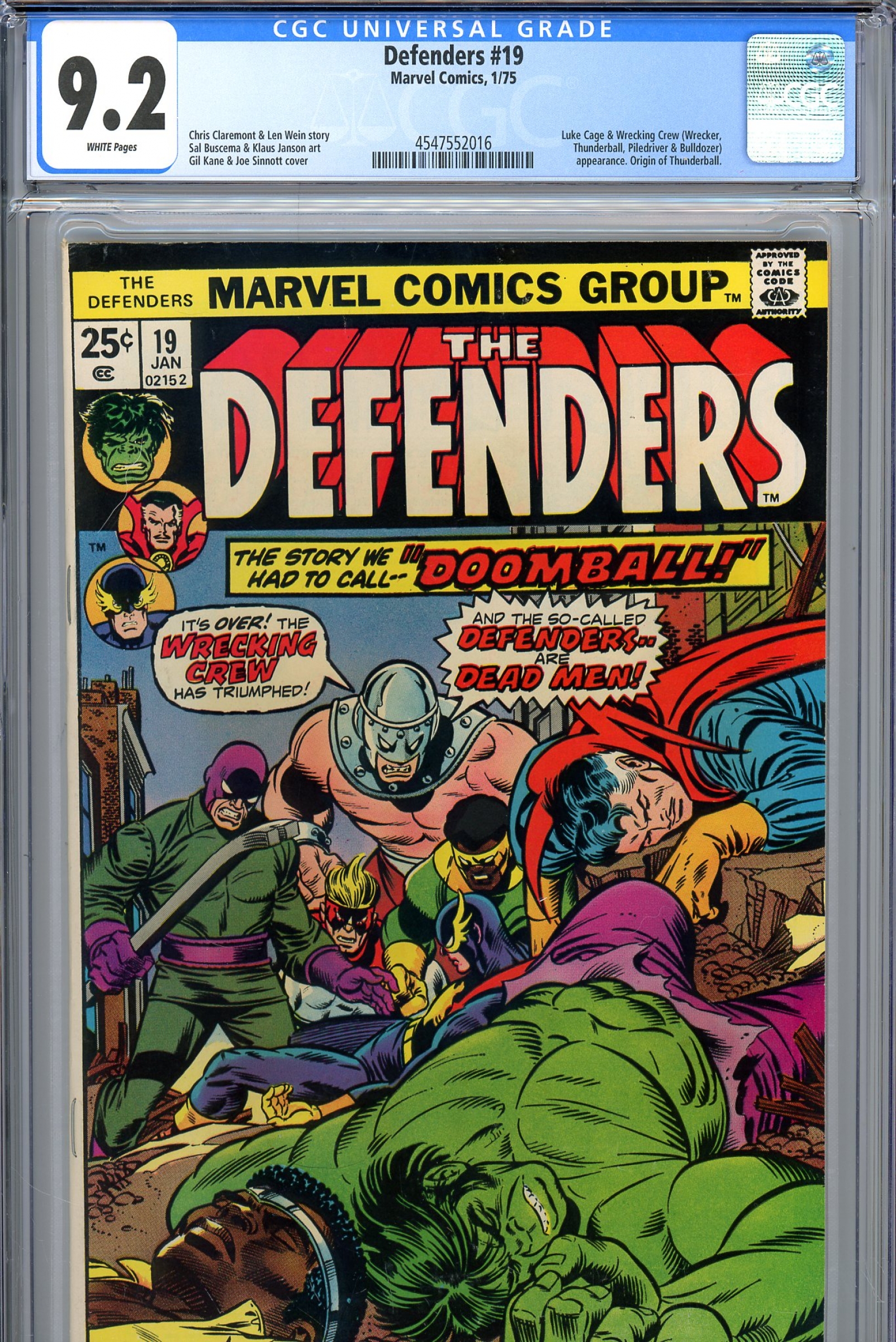 Defenders #19 CGC 9.2 w